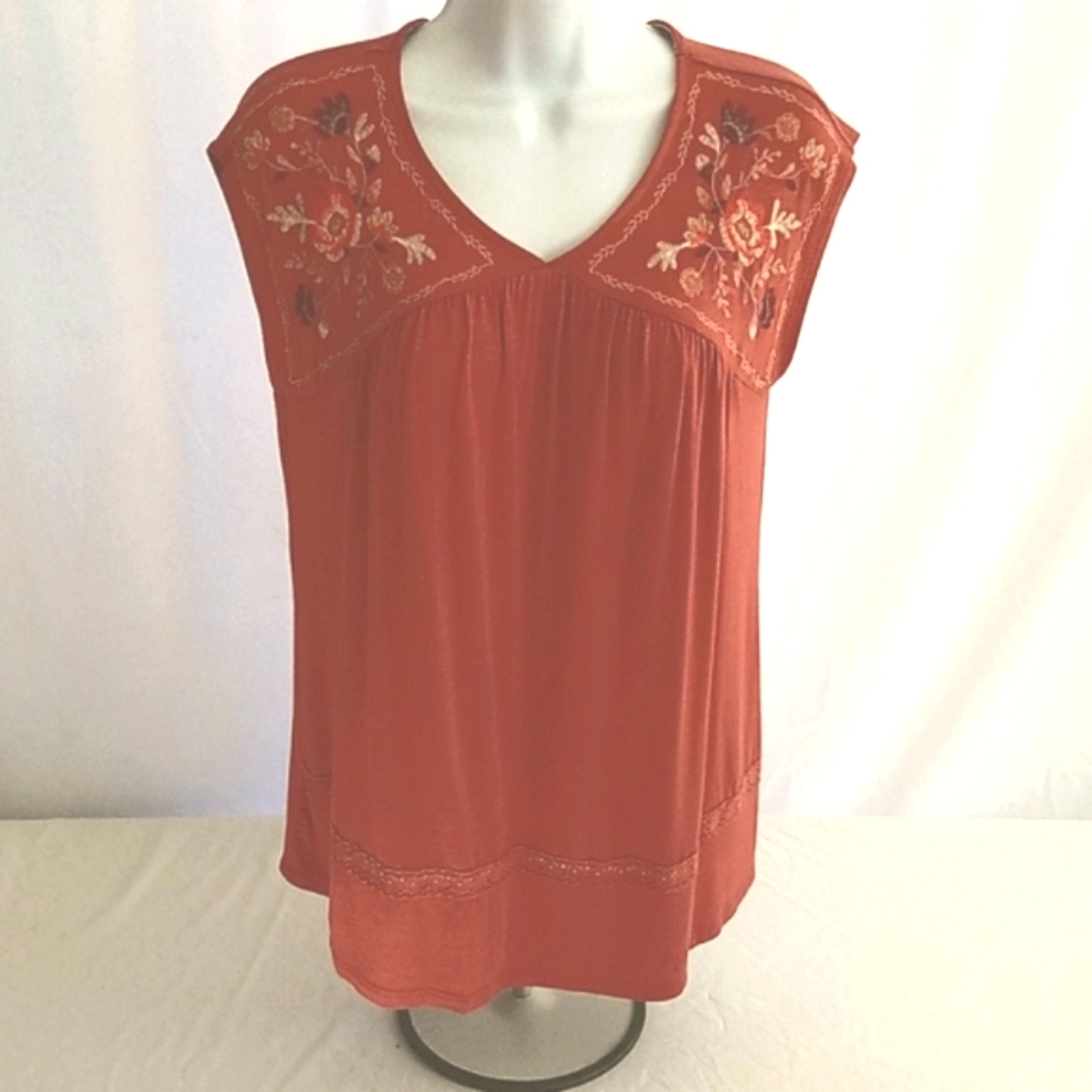 Knox Rose Sleeveless Embroidered Blouse Rust Size Small